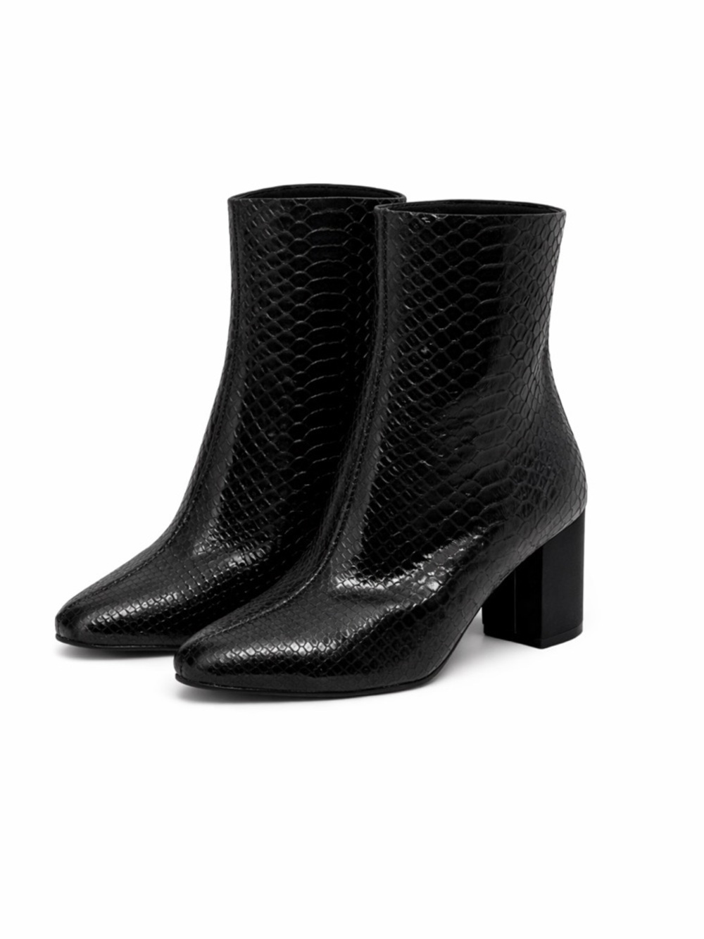 Charles & Keith Black Snakeskin Embossed Ankle Boots Block Heel Size 8 - Picture 2 of 11